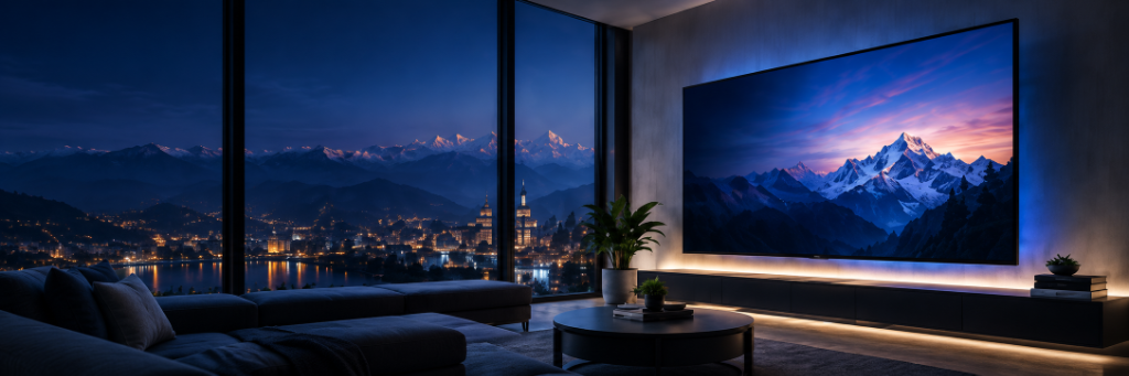 Bravo TV in luxury modern evening living room