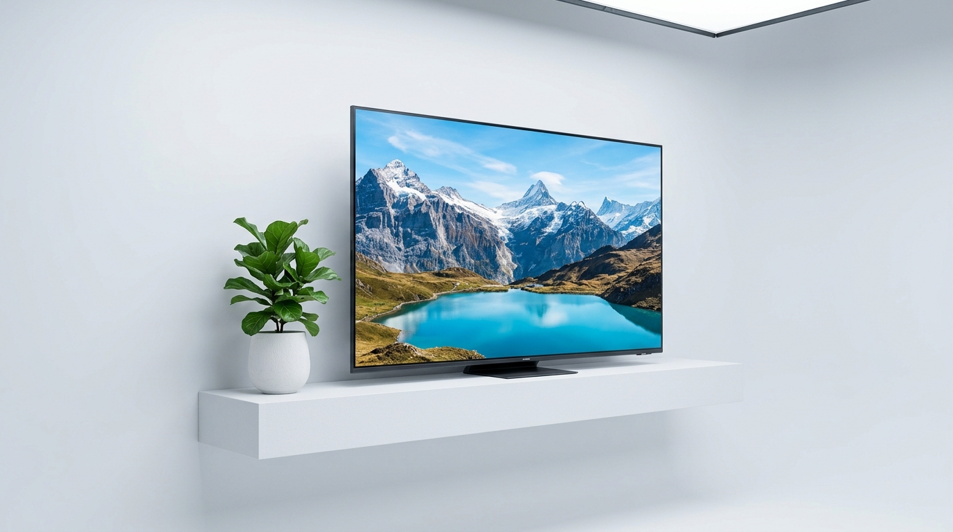 Bravo TV on white console with plant
